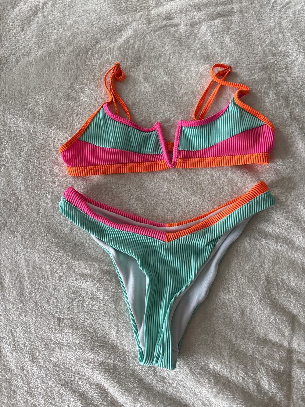 SHEIN orange, pink and teal bikini with V. Cheeky size Small